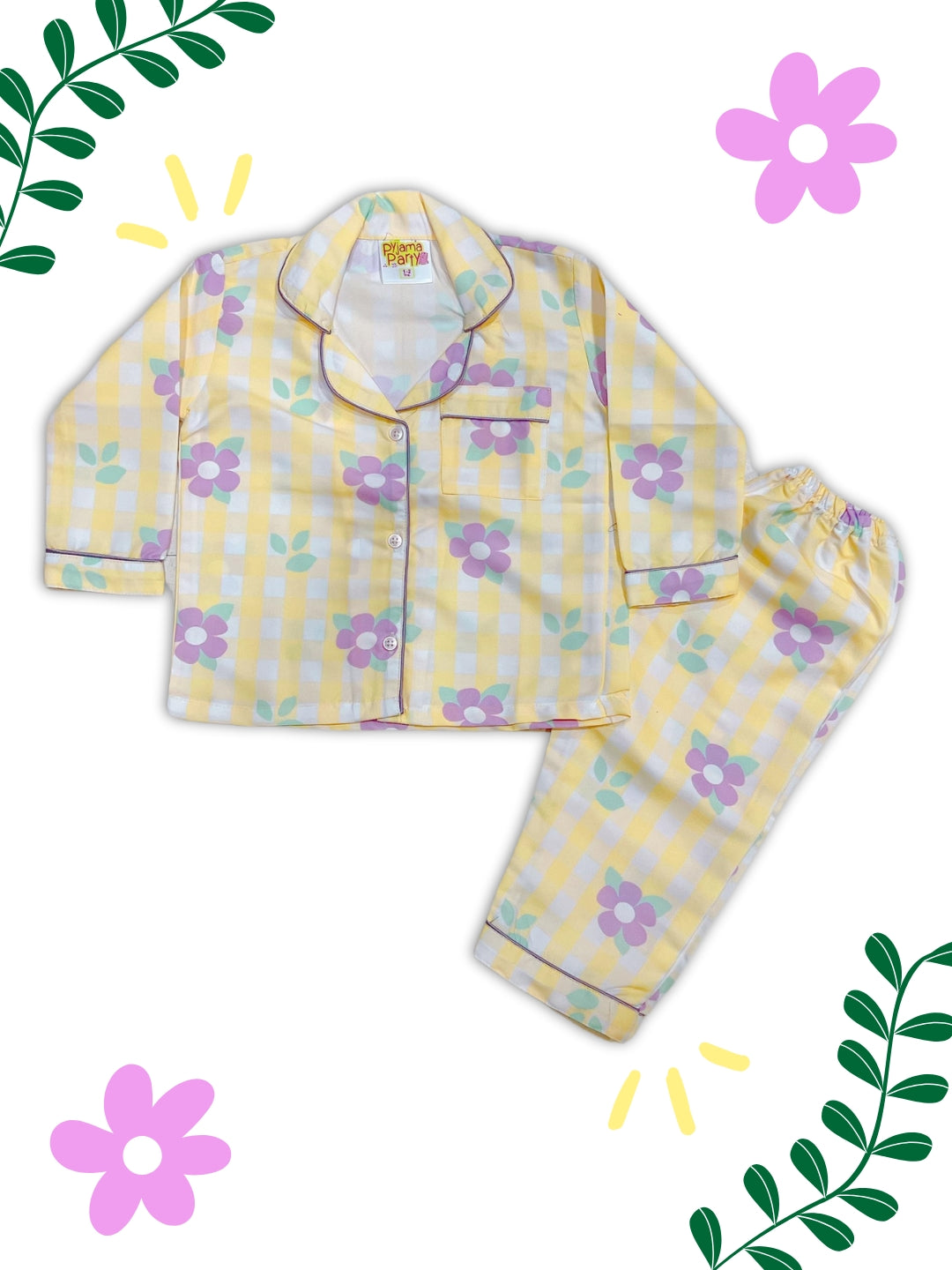Blooming Checks Kids Pj Set - Cotton Rayon Pj Set with Notched Collar