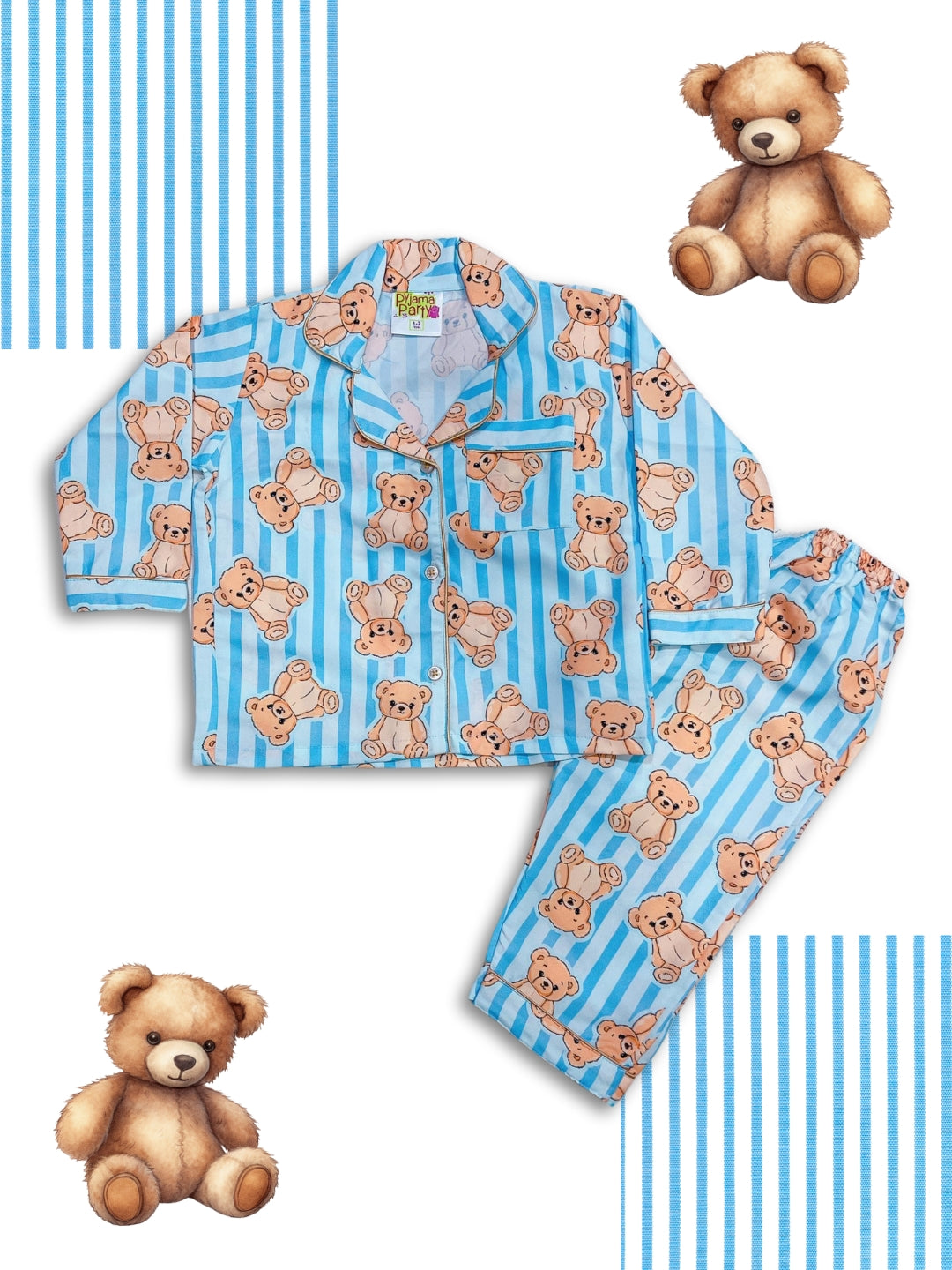 Hugs and Strips Kids Pj Set - Cotton Rayon Pj Set with Notched Collar