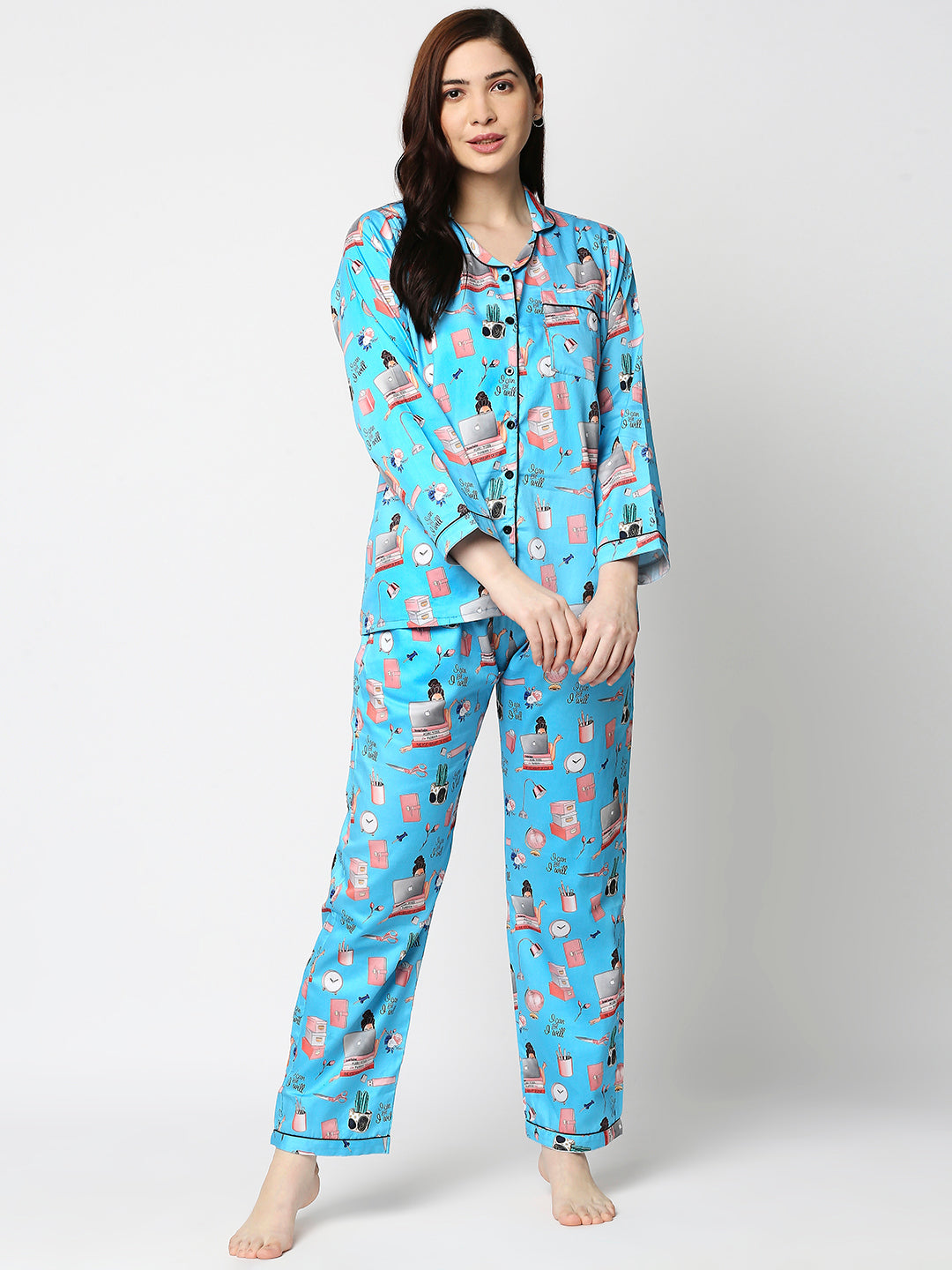 Work From Home Button Down Pj Set - Pure Cotton Pj Set with Notched Collar