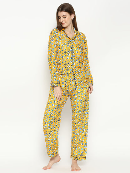 Evil Eye Button Down Pj Set - Cotton Rayon Pj Set with Notched Collar