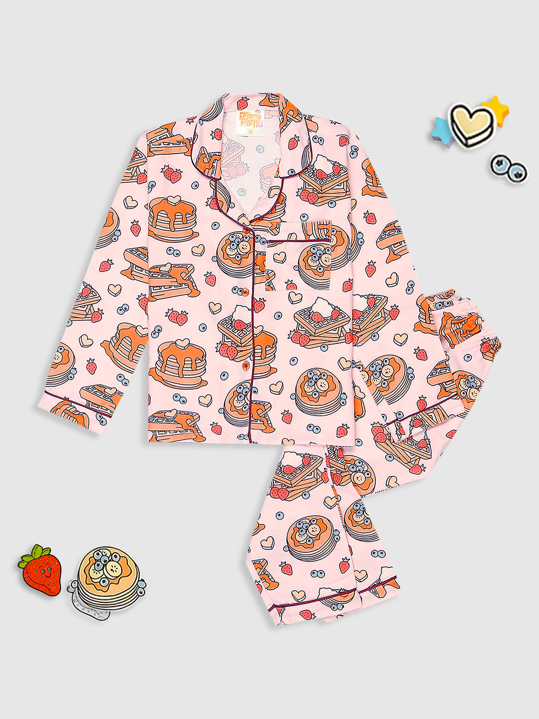 Waffles & Pancakes Kids Pj Set - Cotton Rayon Pj Set with Notched Collar