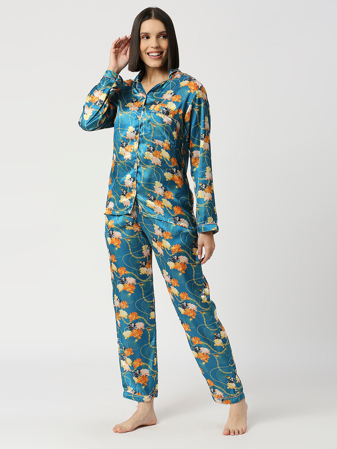 Chains Satin Pj Set - Luxury Printed Button Down Pj Set