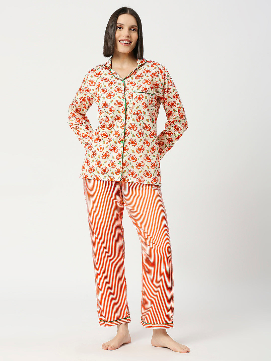 Pretty Petals Button Down Pj Set - Pure Cotton Pj Set with Notched Collar