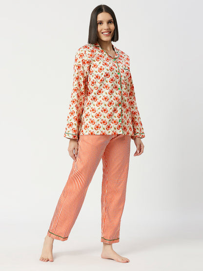 Pretty Petals Button Down Pj Set - Pure Cotton Pj Set with Notched Collar