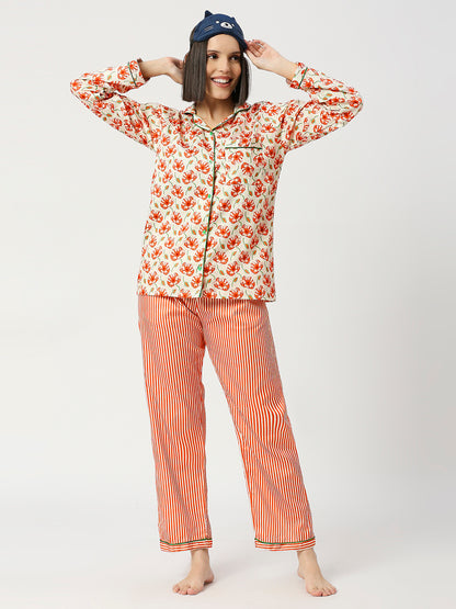Pretty Petals Button Down Pj Set - Pure Cotton Pj Set with Notched Collar