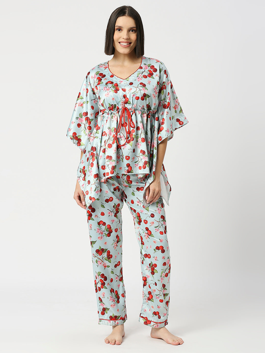 Cherry Blossom Satin Kaftan Pj Set - Luxury Printed Kaftan Pj Set