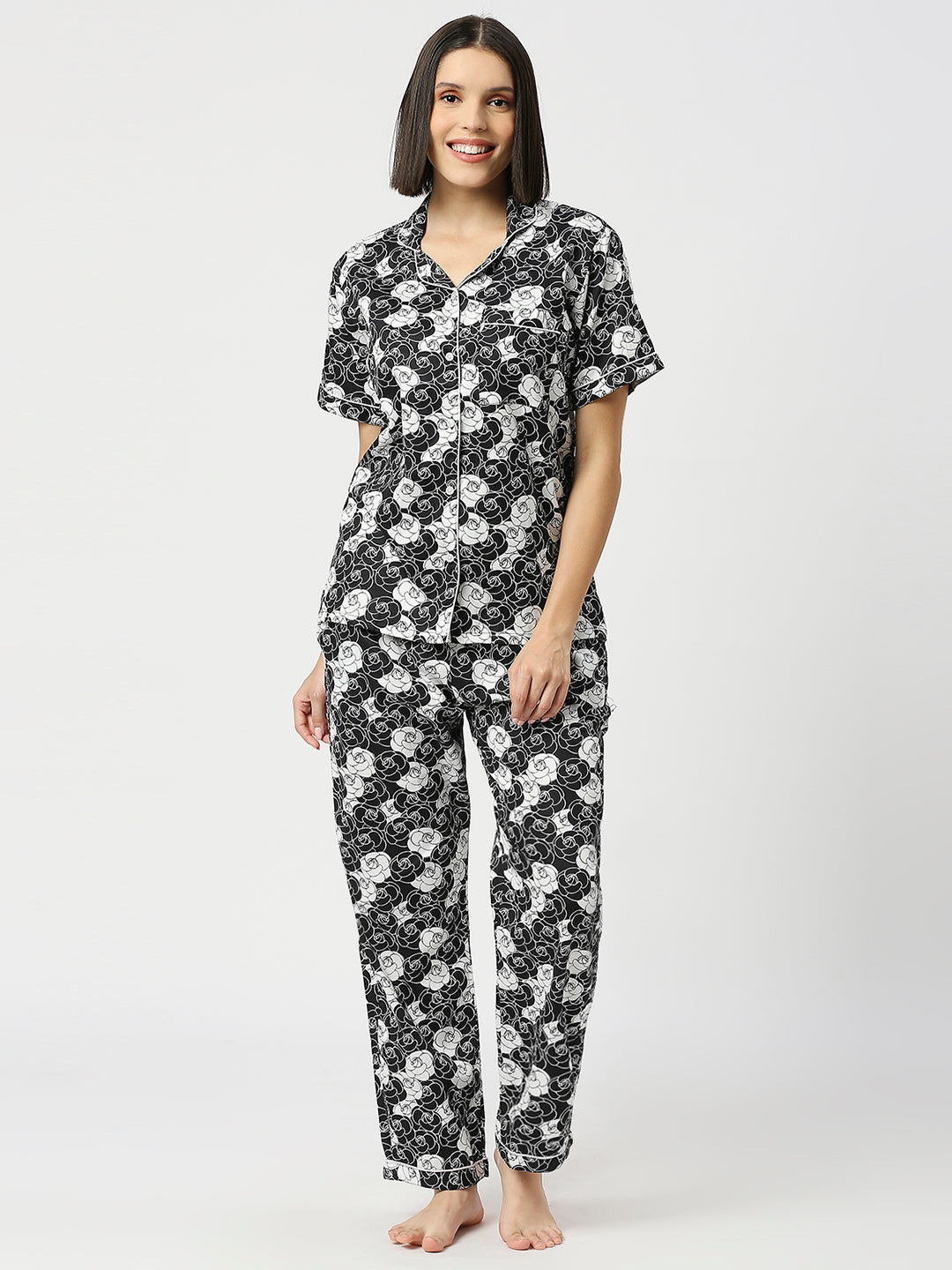 Chanel Rose Button Down Pj Set - Pure Cotton Pj Set with Notched Collar