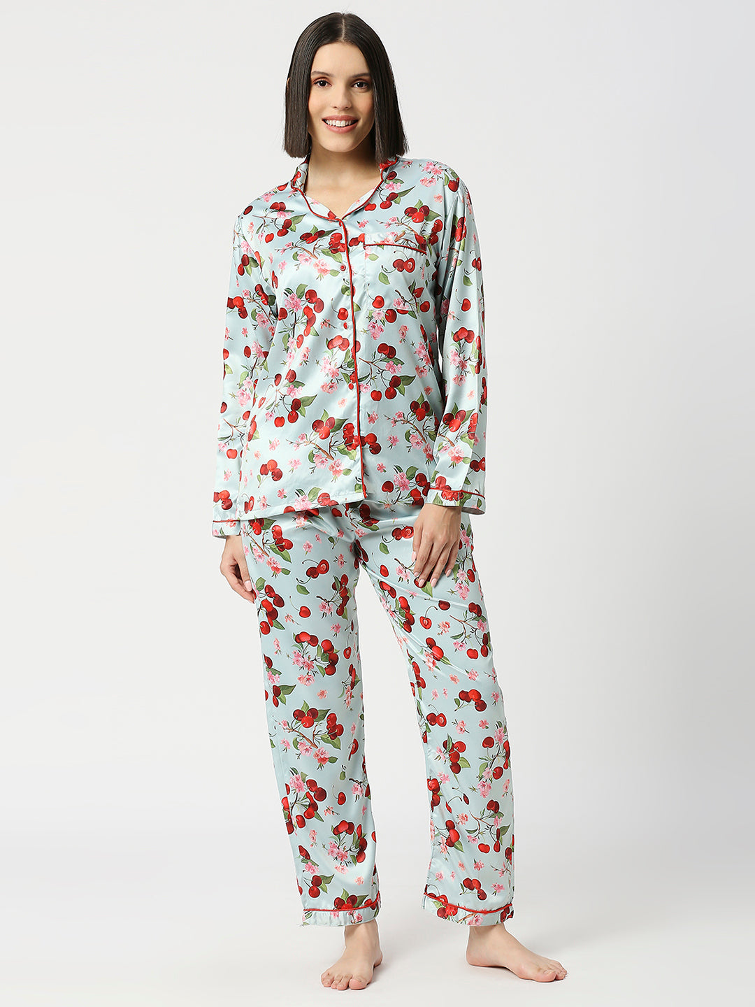 Cherry Blossom Satin Pj Set - Luxury Printed Button Down Pj Set