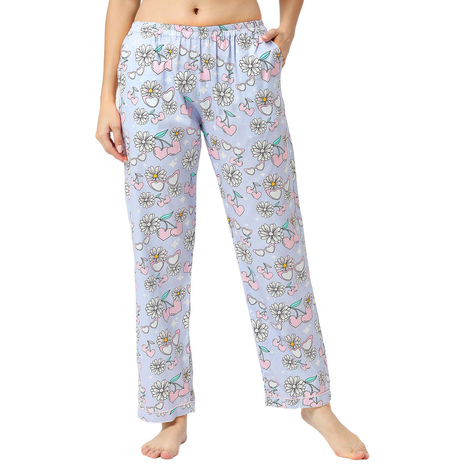 Summer Nights  Henley Neck Pj Set - Pure Cotton Pj Set in Round Neckline Style