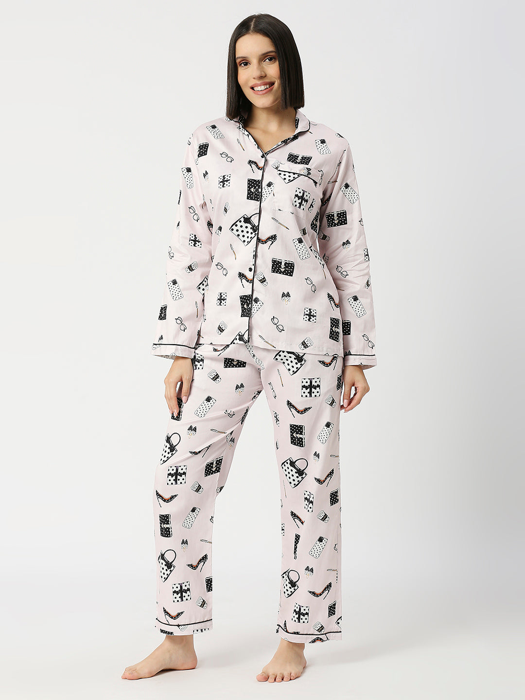 Fashion Forward Button Down Pj Set - Pure Cotton Pj Set with Notched Collar