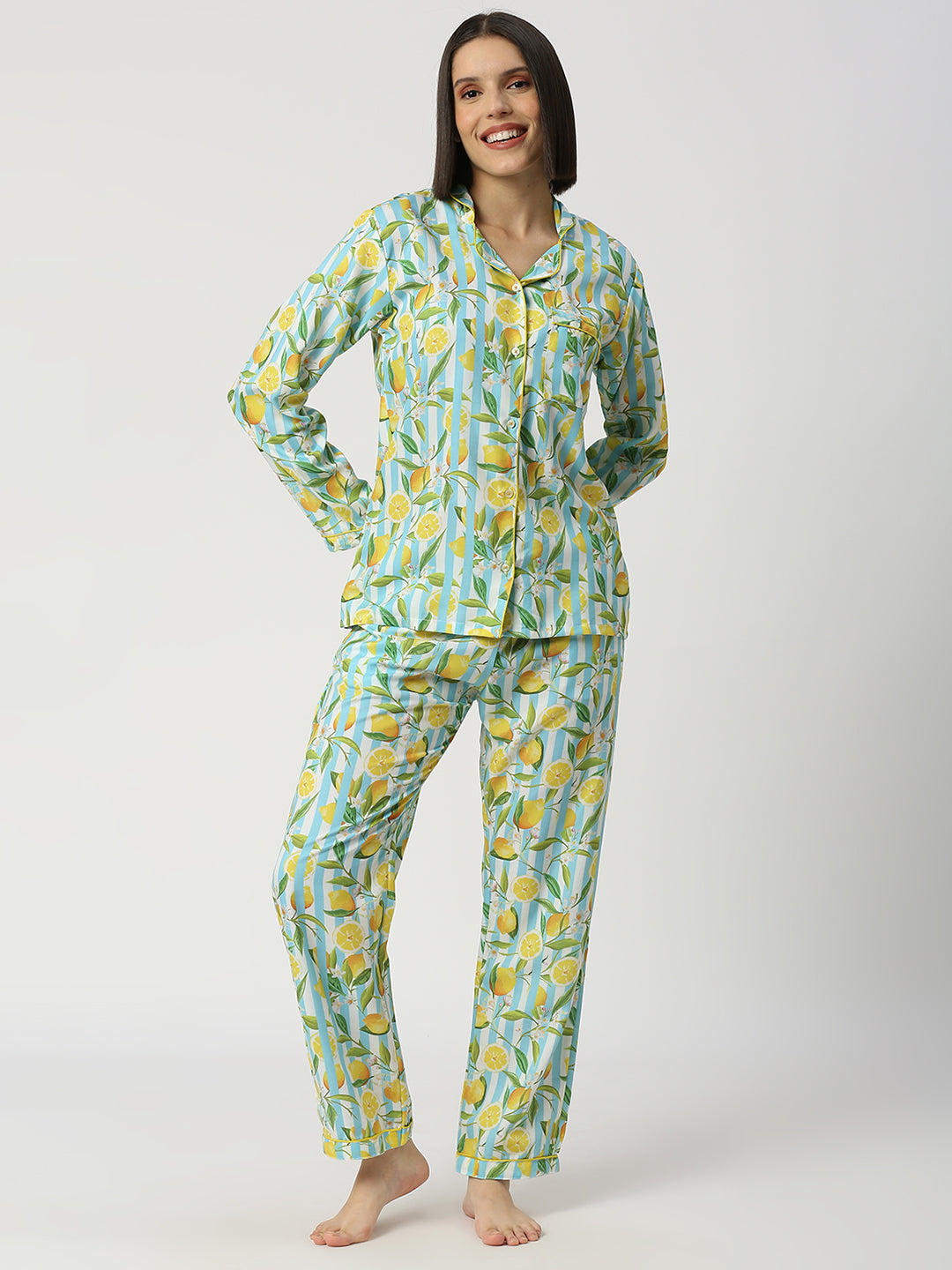 Blue Lemonade Button Down Pj Set - Cotton Rayon Pj Set with Notched Collar