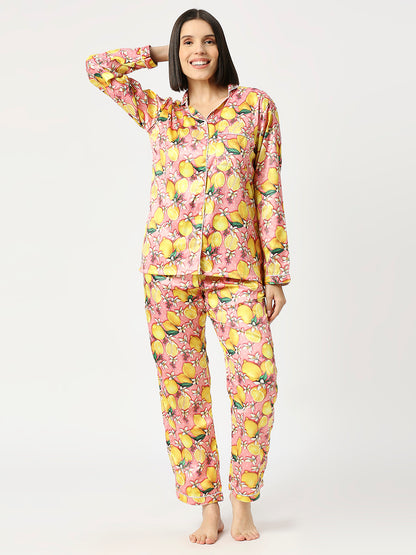 Lemon Bloom Satin Pj Set - Luxury Printed Button Down Pj Set