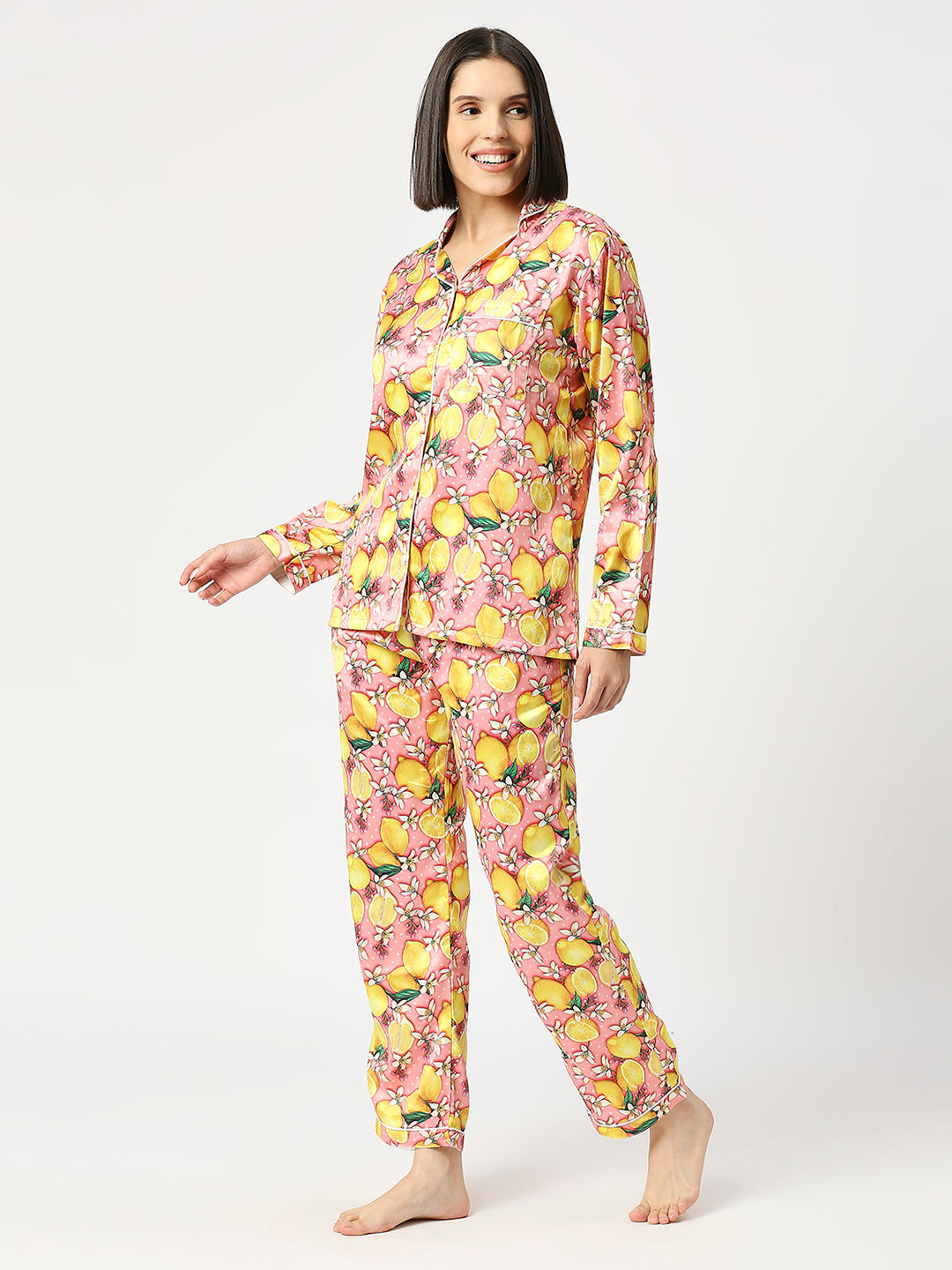 Lemon Bloom Satin Pj Set - Luxury Printed Button Down Pj Set