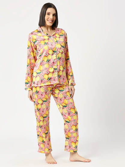 Lemon Bloom Satin Pj Set - Luxury Printed Button Down Pj Set