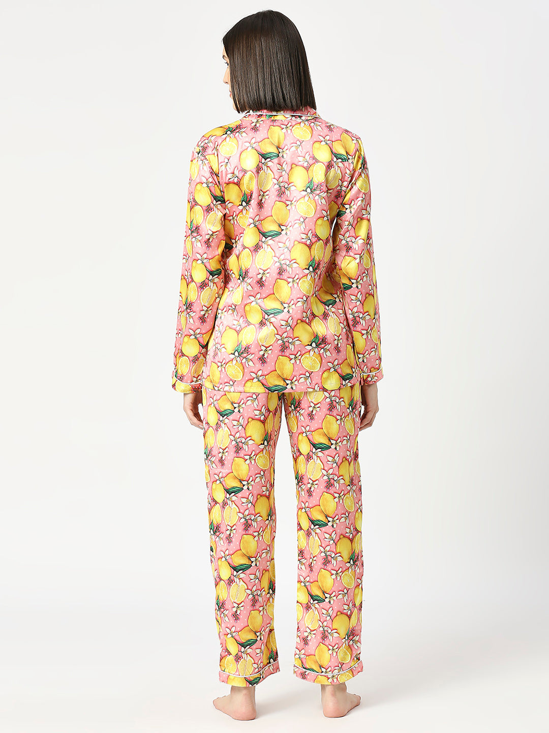 Lemon Bloom Satin Pj Set - Luxury Printed Button Down Pj Set