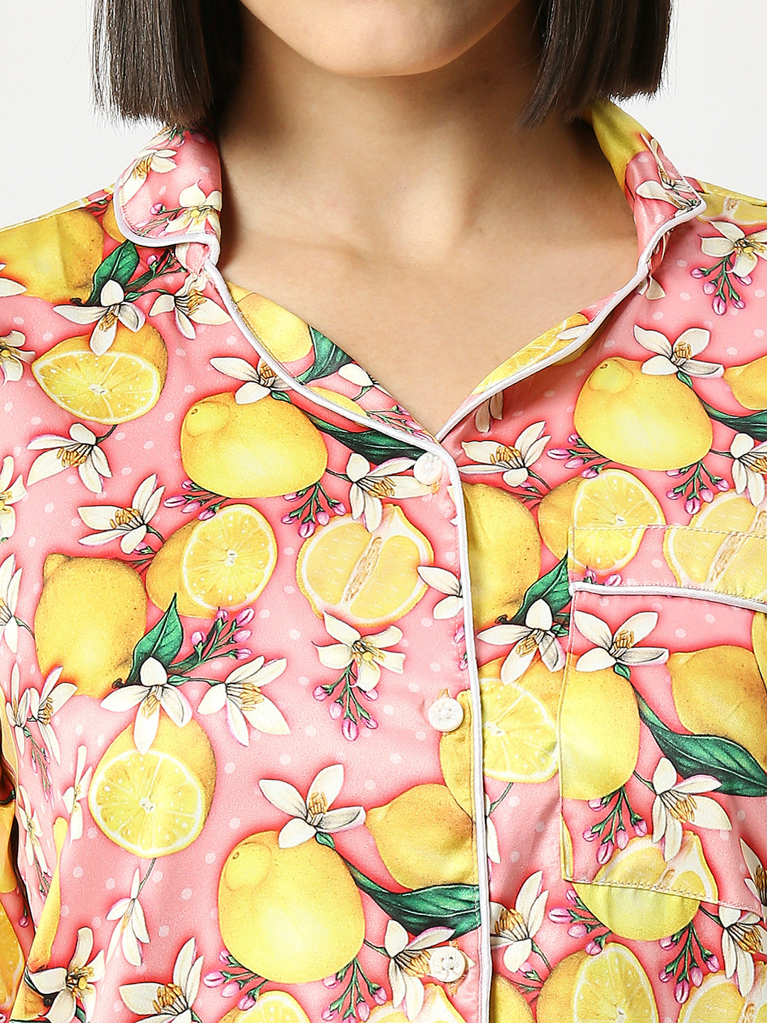 Lemon Bloom Satin Pj Set - Luxury Printed Button Down Pj Set