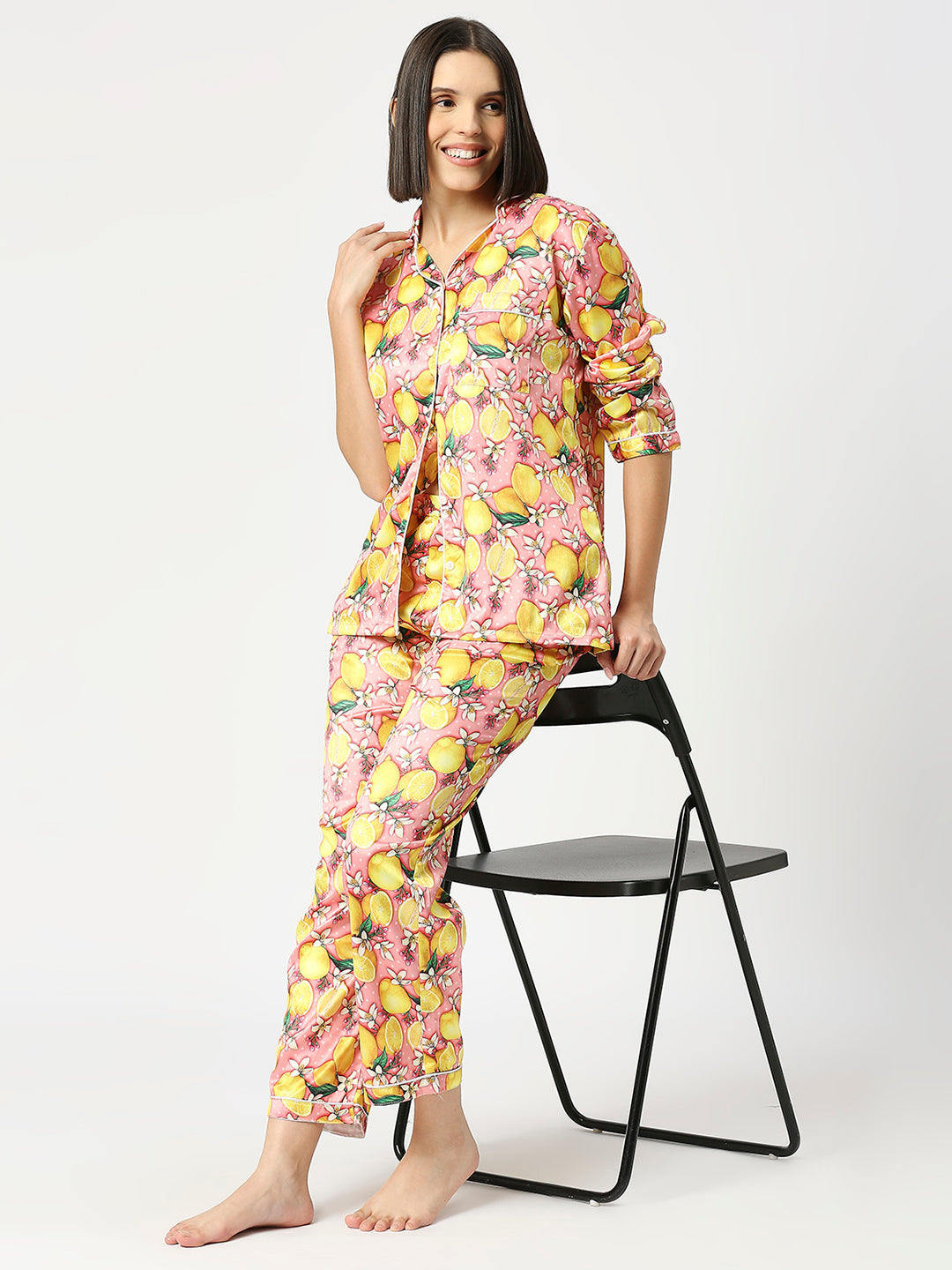 Lemon Bloom Satin Pj Set - Luxury Printed Button Down Pj Set