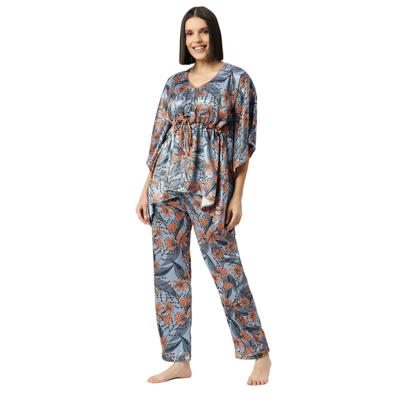 Peach Florista Satin Kaftan Pj Set - Luxury Printed Kaftan Pj Set