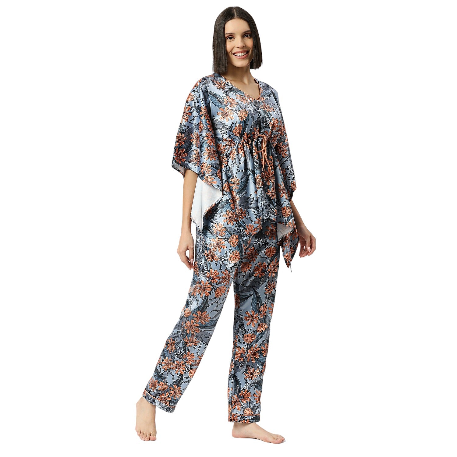 Peach Florista Satin Kaftan Pj Set - Luxury Printed Kaftan Pj Set