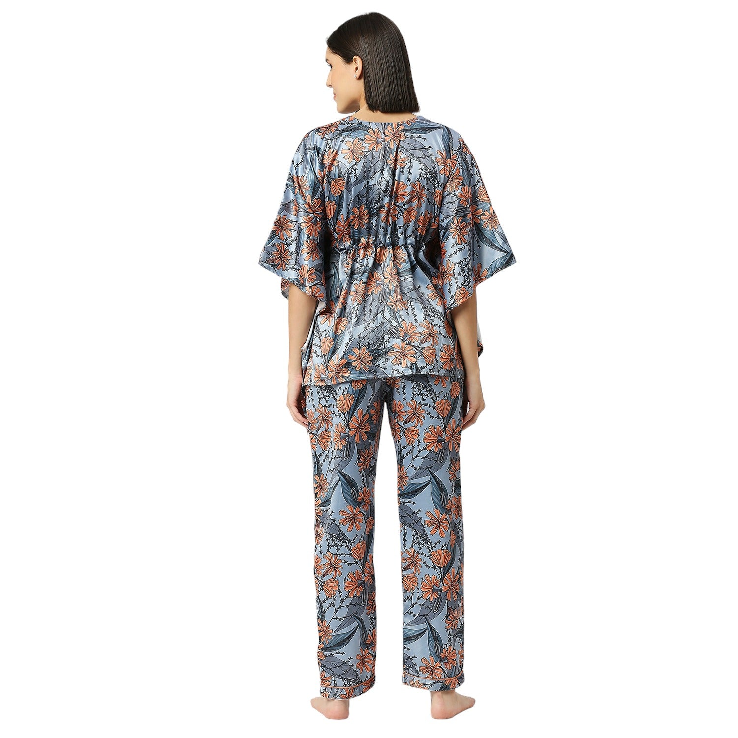 Peach Florista Satin Kaftan Pj Set - Luxury Printed Kaftan Pj Set