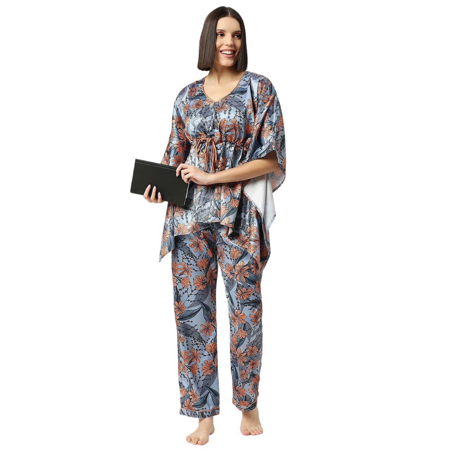 Peach Florista Satin Kaftan Pj Set - Luxury Printed Kaftan Pj Set