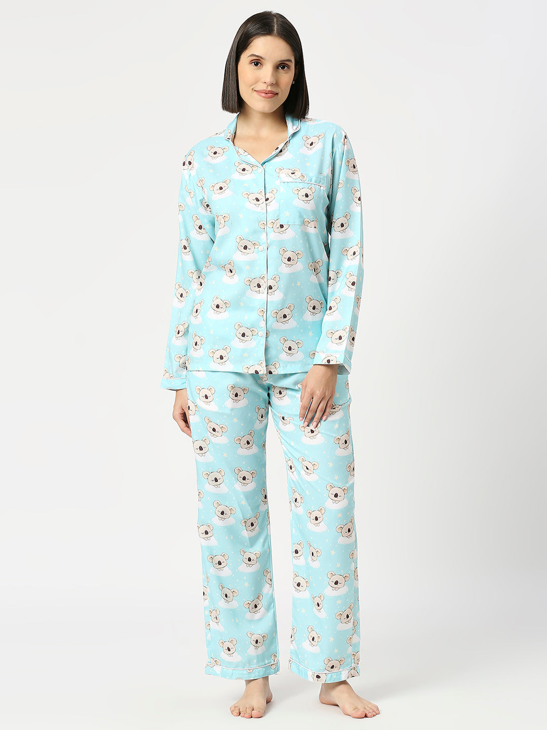 Koala Bear Button Down Pj Set - Cotton Rayon Pj Set with Notched Collar