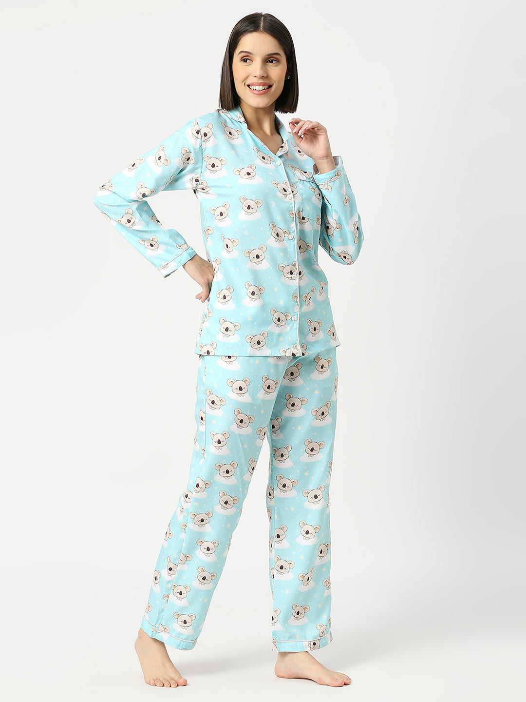 Koala Bear Button Down Pj Set - Cotton Rayon Pj Set with Notched Collar