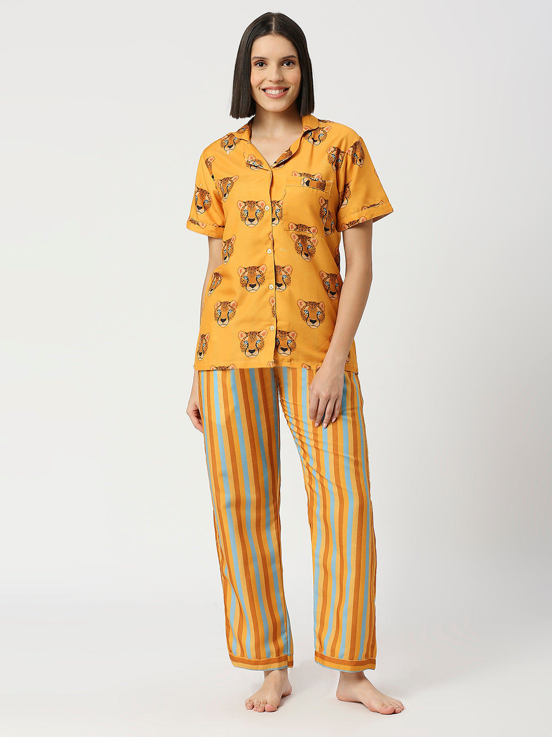 Lady Leopard Button Down Pj Set - Cotton Rayon Pj Set with Notched Collar