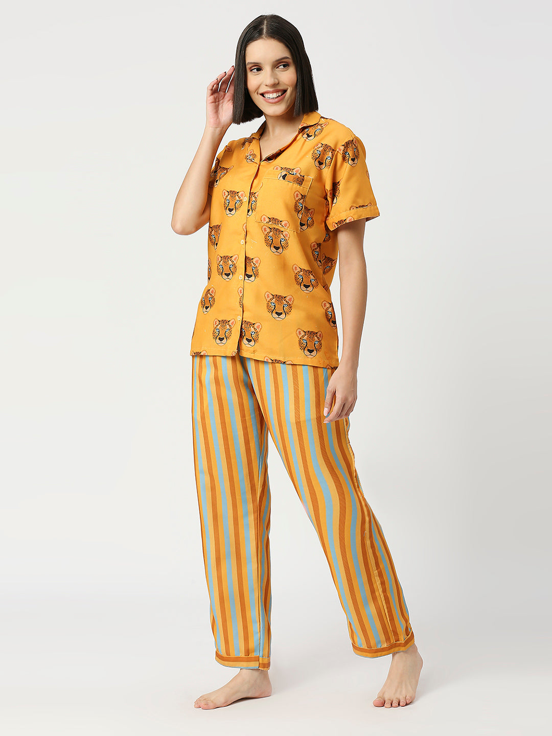 Lady Leopard Button Down Pj Set - Cotton Rayon Pj Set with Notched Collar