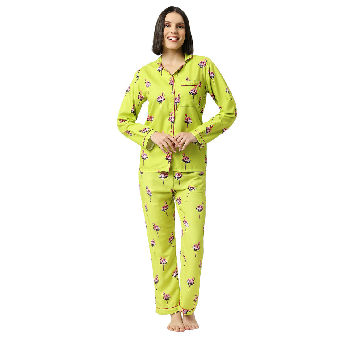 Flamingo Fluff Button Down Pj Set - Cotton Rayon Pj Set with Notched Collar