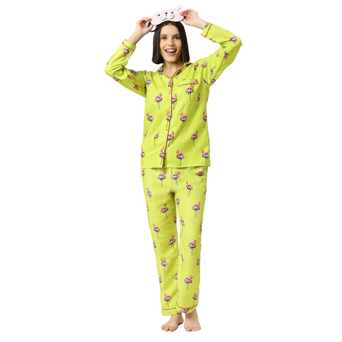 Flamingo Fluff Button Down Pj Set - Cotton Rayon Pj Set with Notched Collar