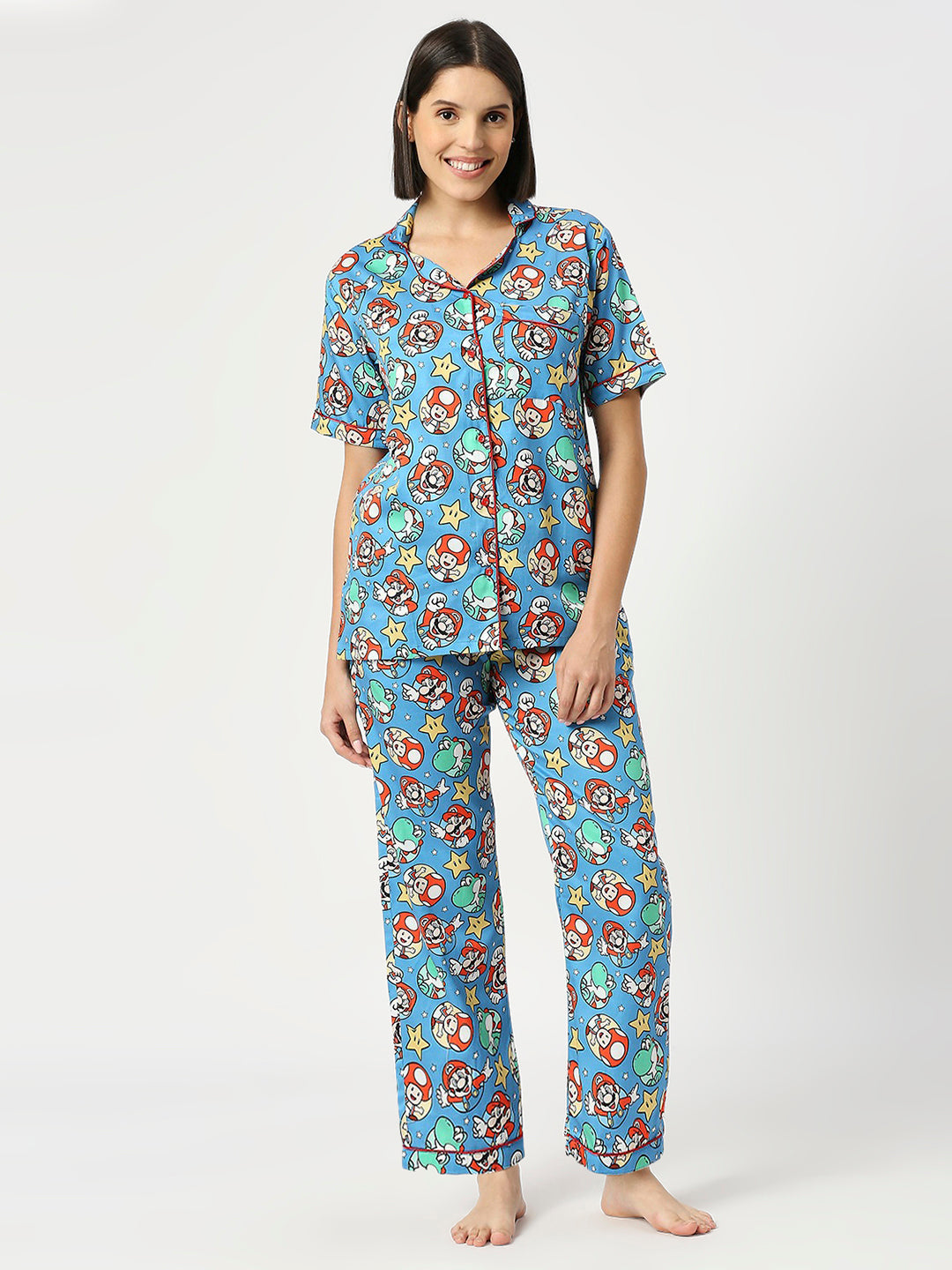 Super Mario Button Down Pj Set - Pure Cotton Pj Set with Notched Collar