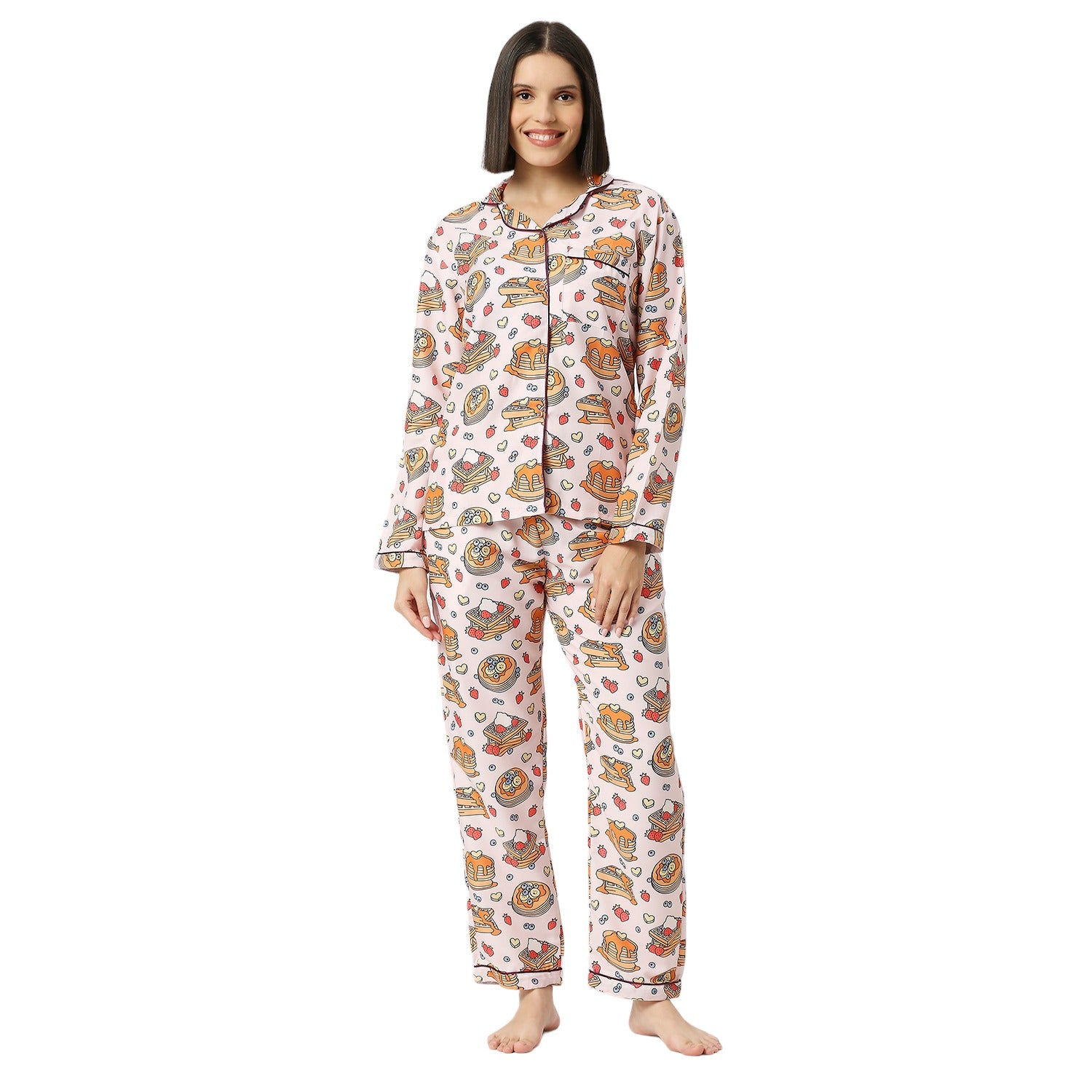 Waffles &amp; Pancakes Button Down Pj Set - Cotton Rayon Pj Set with Notched Collar