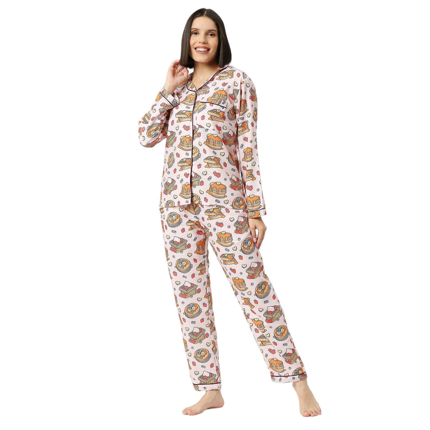 Waffles &amp; Pancakes Button Down Pj Set - Cotton Rayon Pj Set with Notched Collar