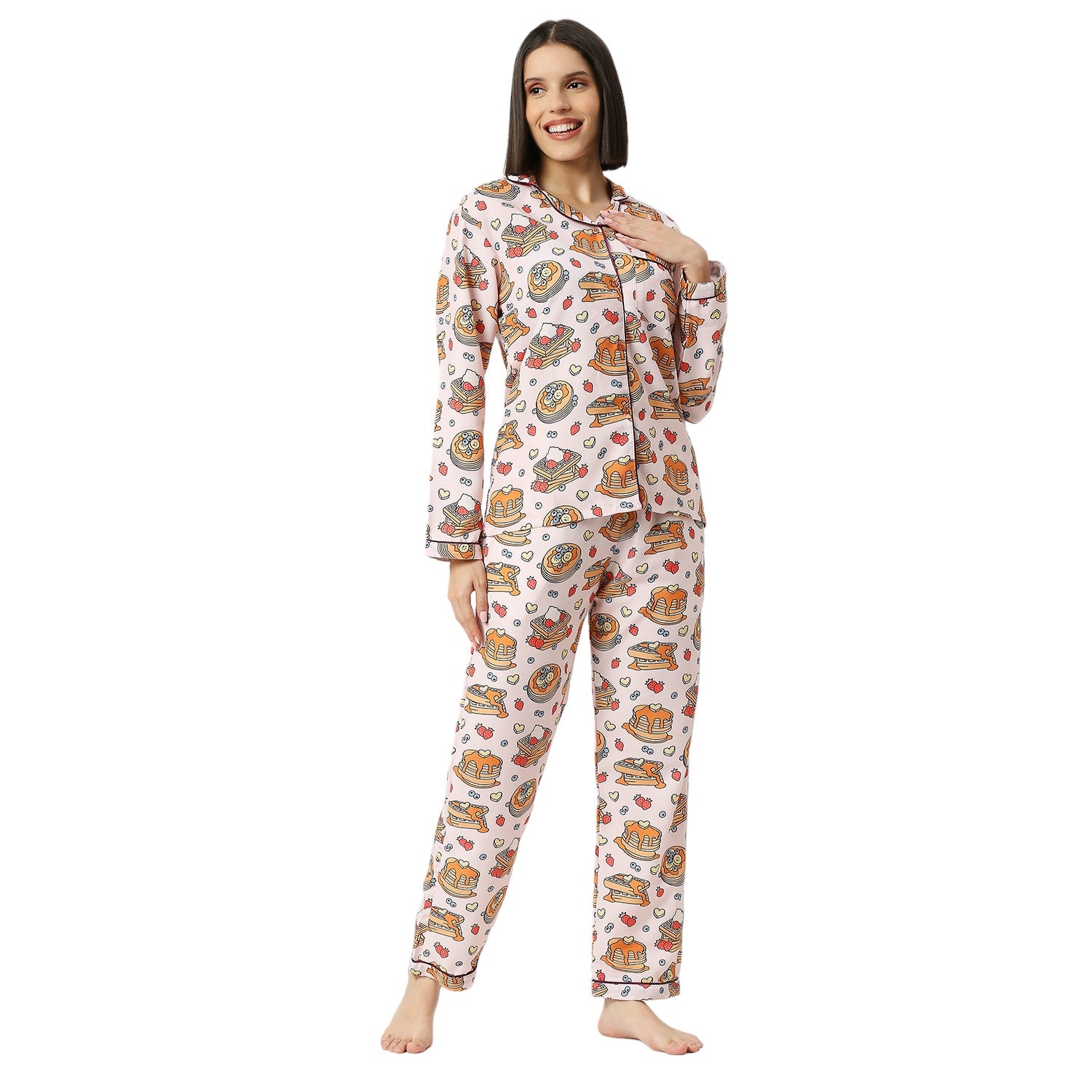 Waffles &amp; Pancakes Button Down Pj Set - Cotton Rayon Pj Set with Notched Collar