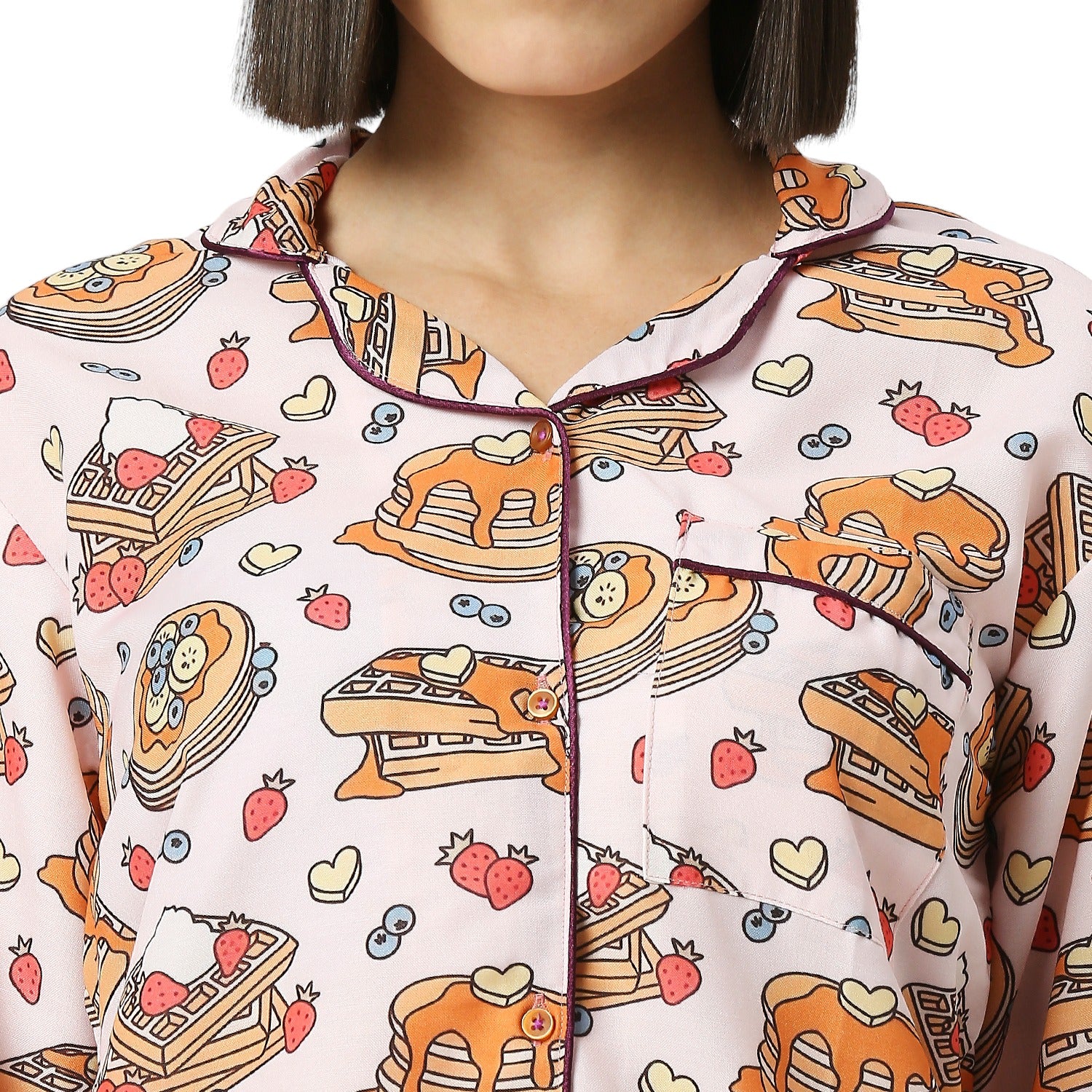 Waffles &amp; Pancakes Button Down Pj Set - Cotton Rayon Pj Set with Notched Collar