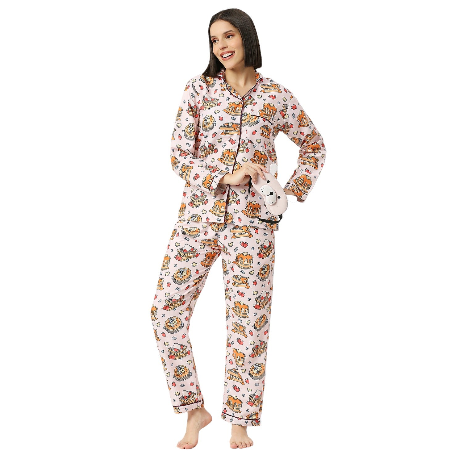 Waffles &amp; Pancakes Button Down Pj Set - Cotton Rayon Pj Set with Notched Collar