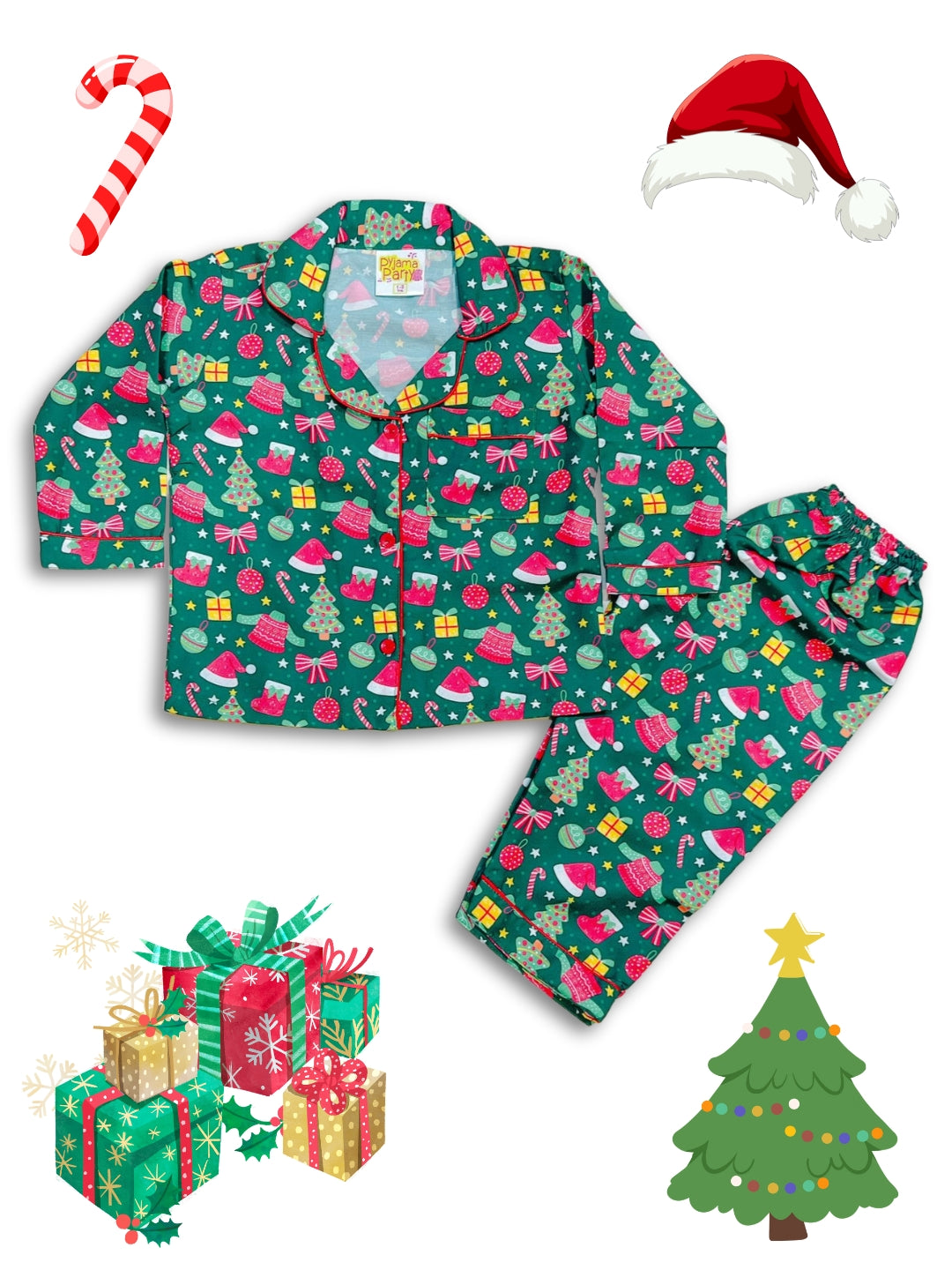 Merry Christmas Kids Pj Set - Cotton Rayon Pj Set with Notched Collar