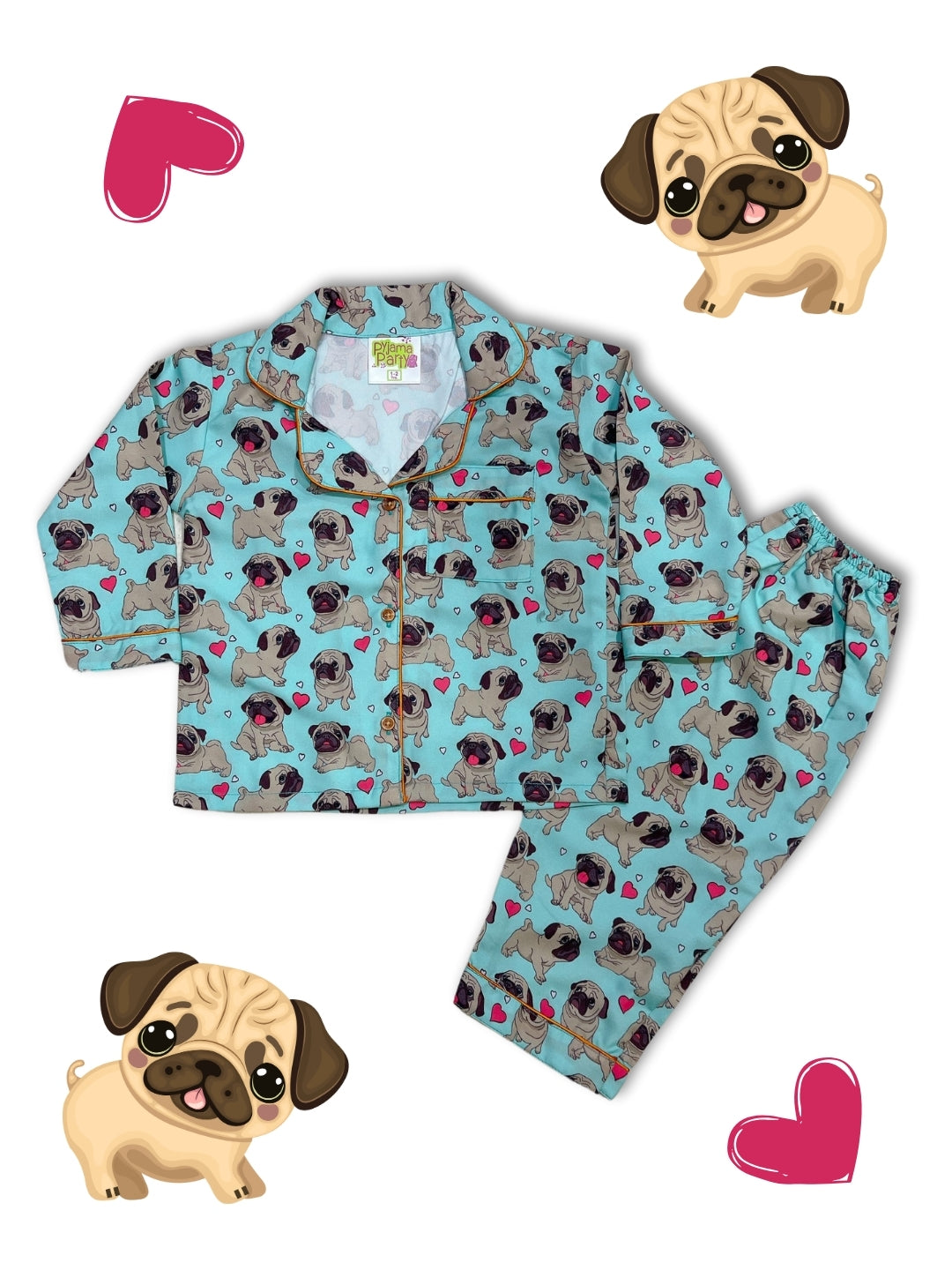 Snuggle Pug Kids Pj Set - Cotton Rayon Pj Set with Notched Collar