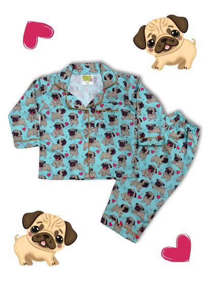 Snuggle Pug Kids Pj Set - Cotton Rayon Pj Set with Notched Collar