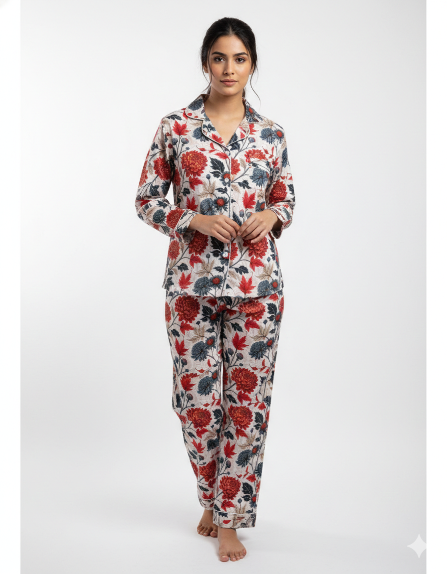 Ruby Petals Button Down Pj Set - Cotton Rayon Pj Set with Notched Collar