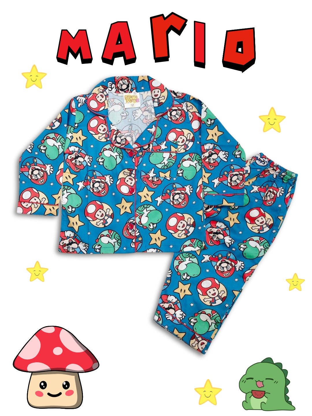 Super Mario Kids Button Down Pj Set - Pure Cotton Pj Set with Notched Collar