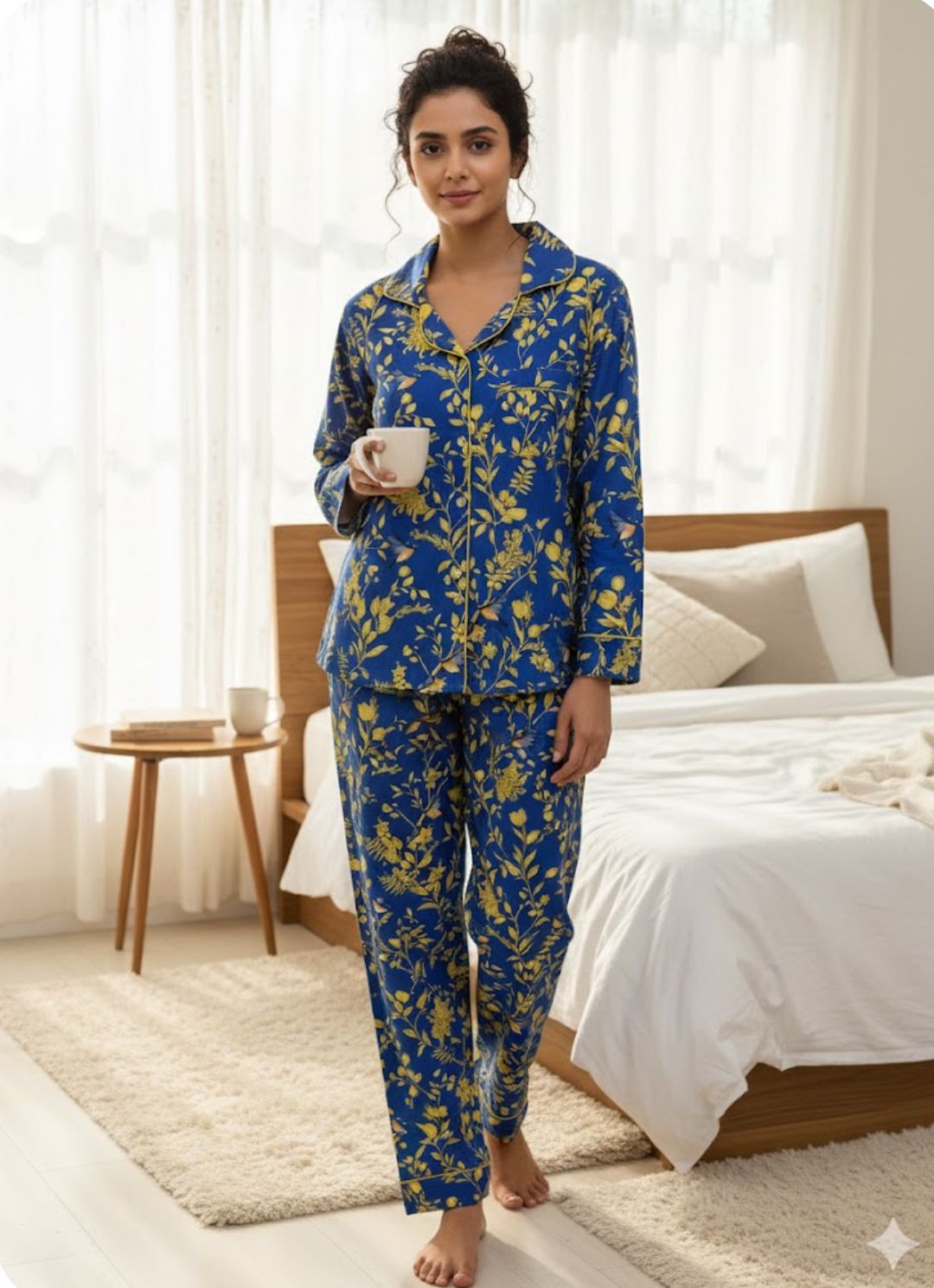 Sunny Blues Button Down Pj Set - Cotton Rayon Pj Set with Notched Collar