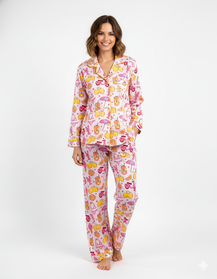 Tropical Joy Button Down Pj Set - Cotton Rayon Pj Set with Notched Collar
