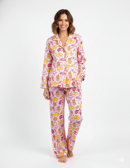 Tropical Joy Button Down Pj Set - Cotton Rayon Pj Set with Notched Collar