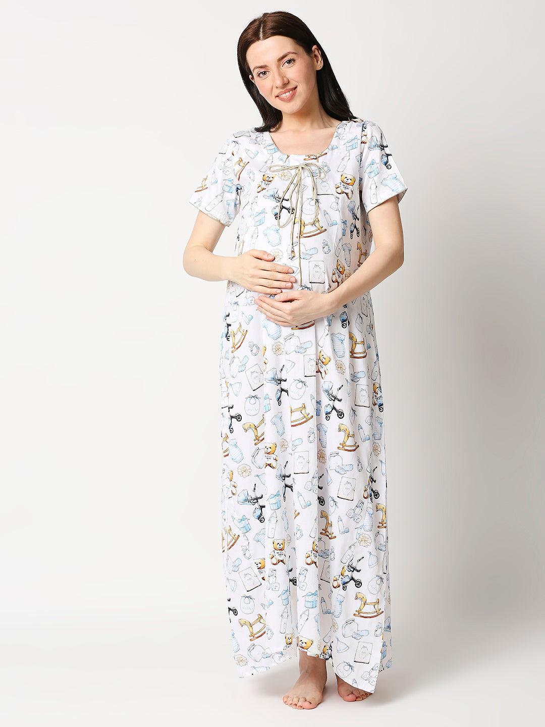 Baby Dior Maternity Gown - Pure Cotton Round Neck Gown with 2 Invisible Zips for Feeding