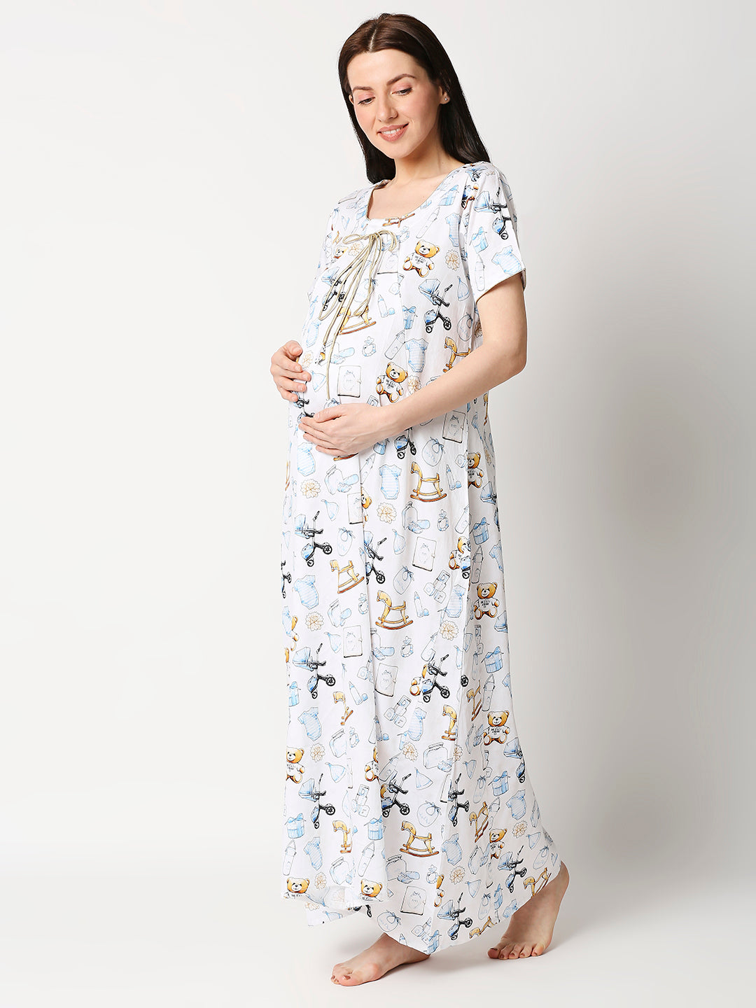 Baby Dior Maternity Gown - Pure Cotton Round Neck Gown with 2 Invisible Zips for Feeding