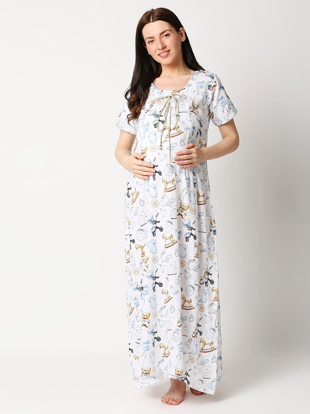 Baby Dior Maternity Gown - Pure Cotton Round Neck Gown with 2 Invisible Zips for Feeding