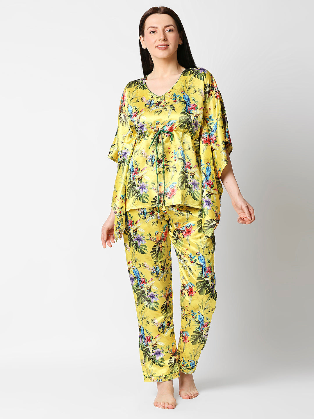 Tropical Paradise Satin Kaftan Pj Set - Luxury Printed Kaftan Pj Set