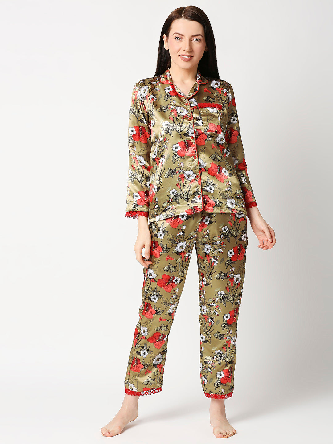 Red Hibiscus Satin Pj Set - Luxury Printed Button Down Pj Set